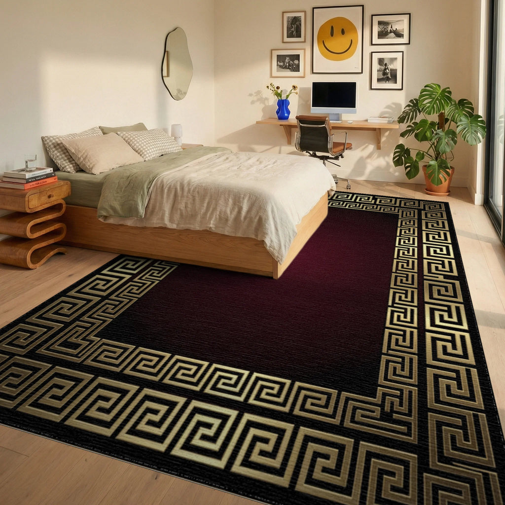 Gold Greek Key Border Burgundy Rug - Bedroom View