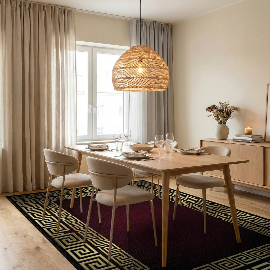 Gold Greek Key Border Burgundy Rug - Dining Room View