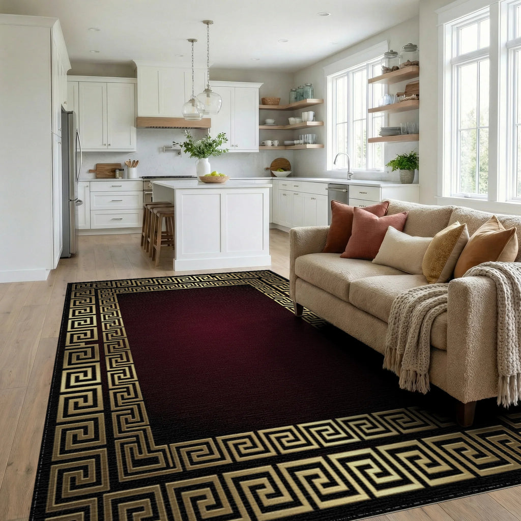 Gold Greek Key Border Burgundy Rug - Living Room View