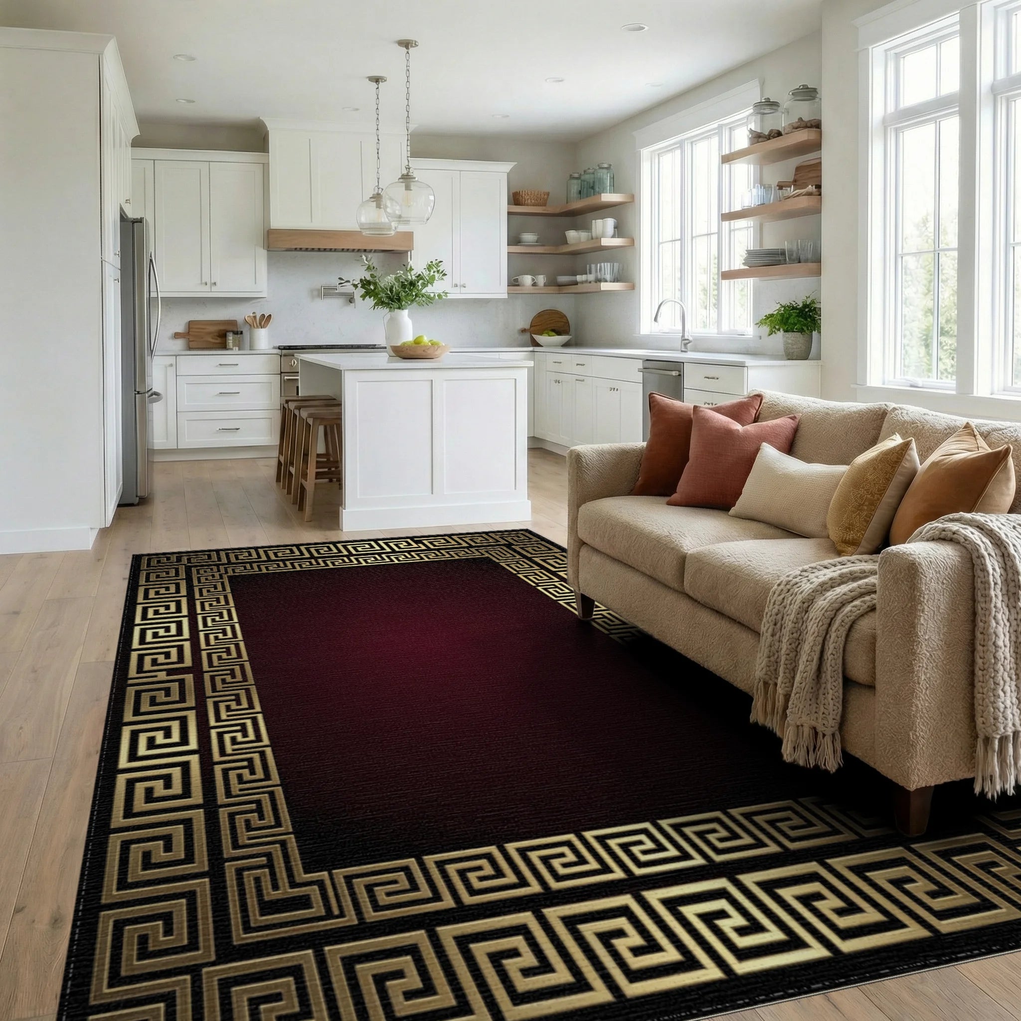 Gold Greek Key Border Burgundy Rug - Living Room View