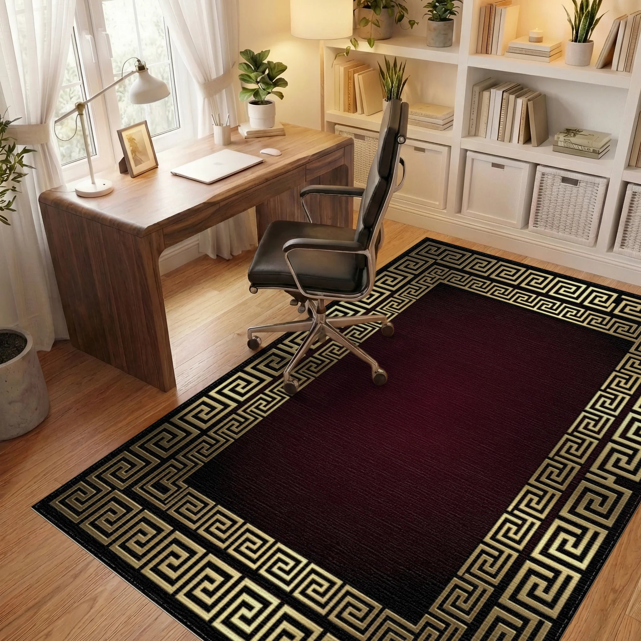 Gold Greek Key Border Burgundy Rug - Office View