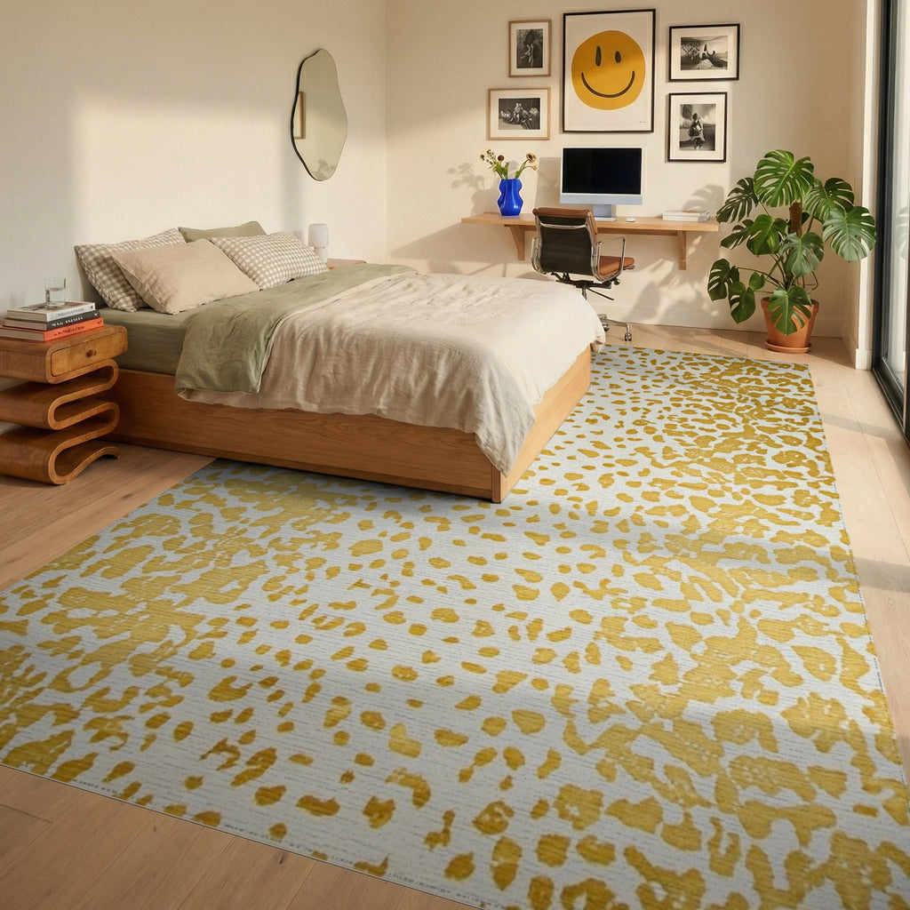 Gold Ochre Spots and Splatters Rug - Bedroom View