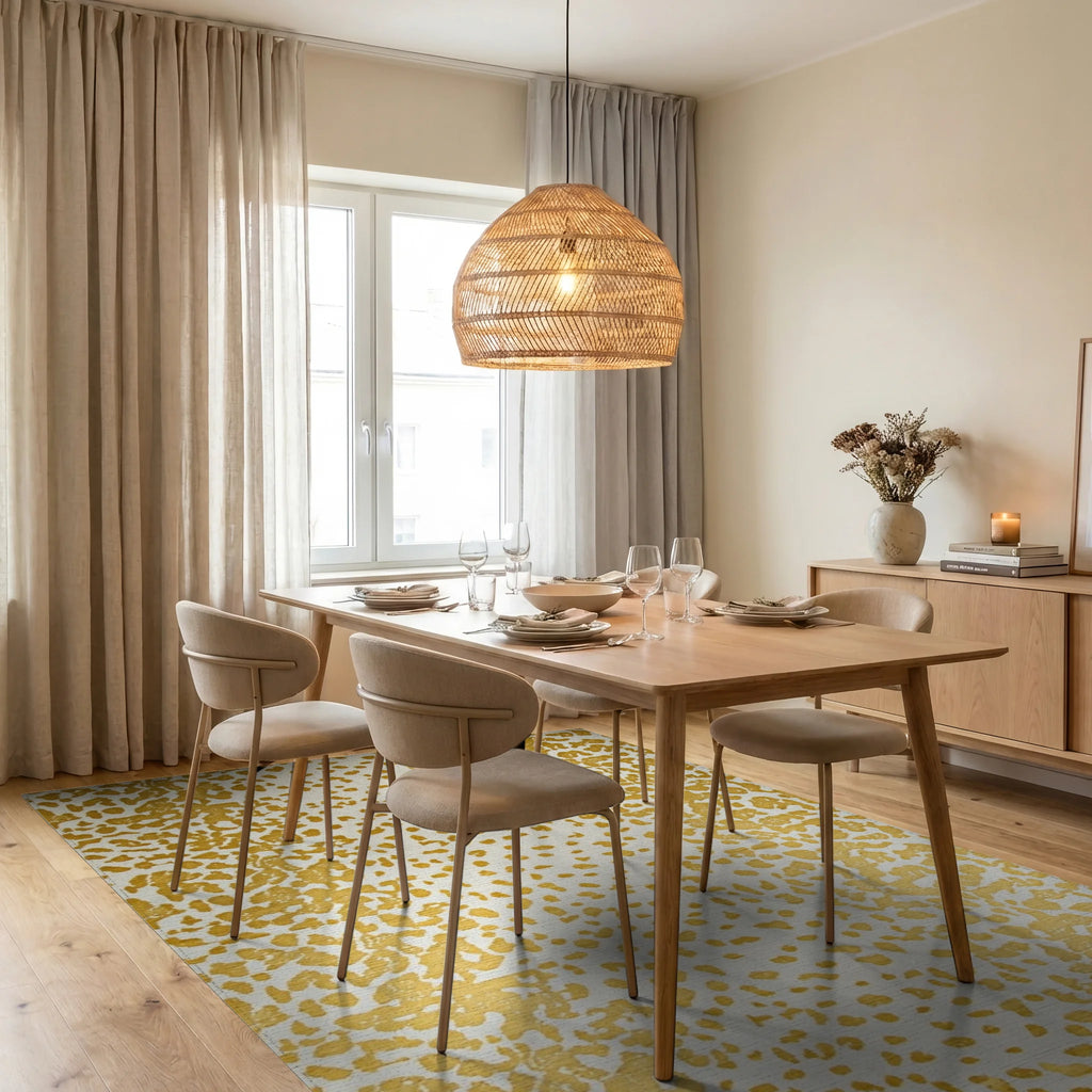 Gold Ochre Spots and Splatters Rug - Dining Room View