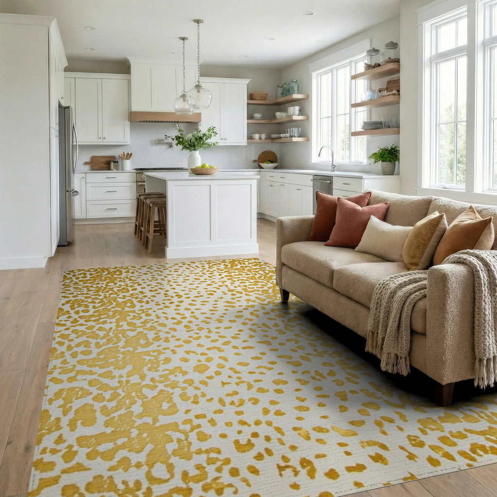 Gold Ochre Spots and Splatters Rug - Living Room View