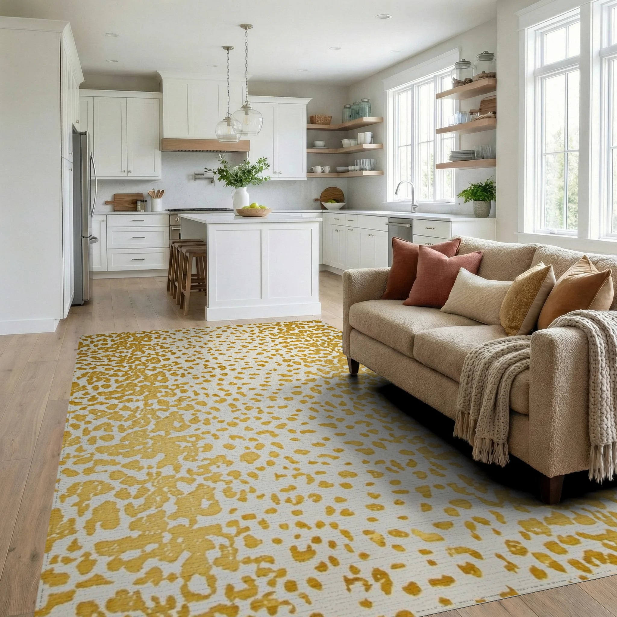 Gold Ochre Spots and Splatters Rug - Living Room View