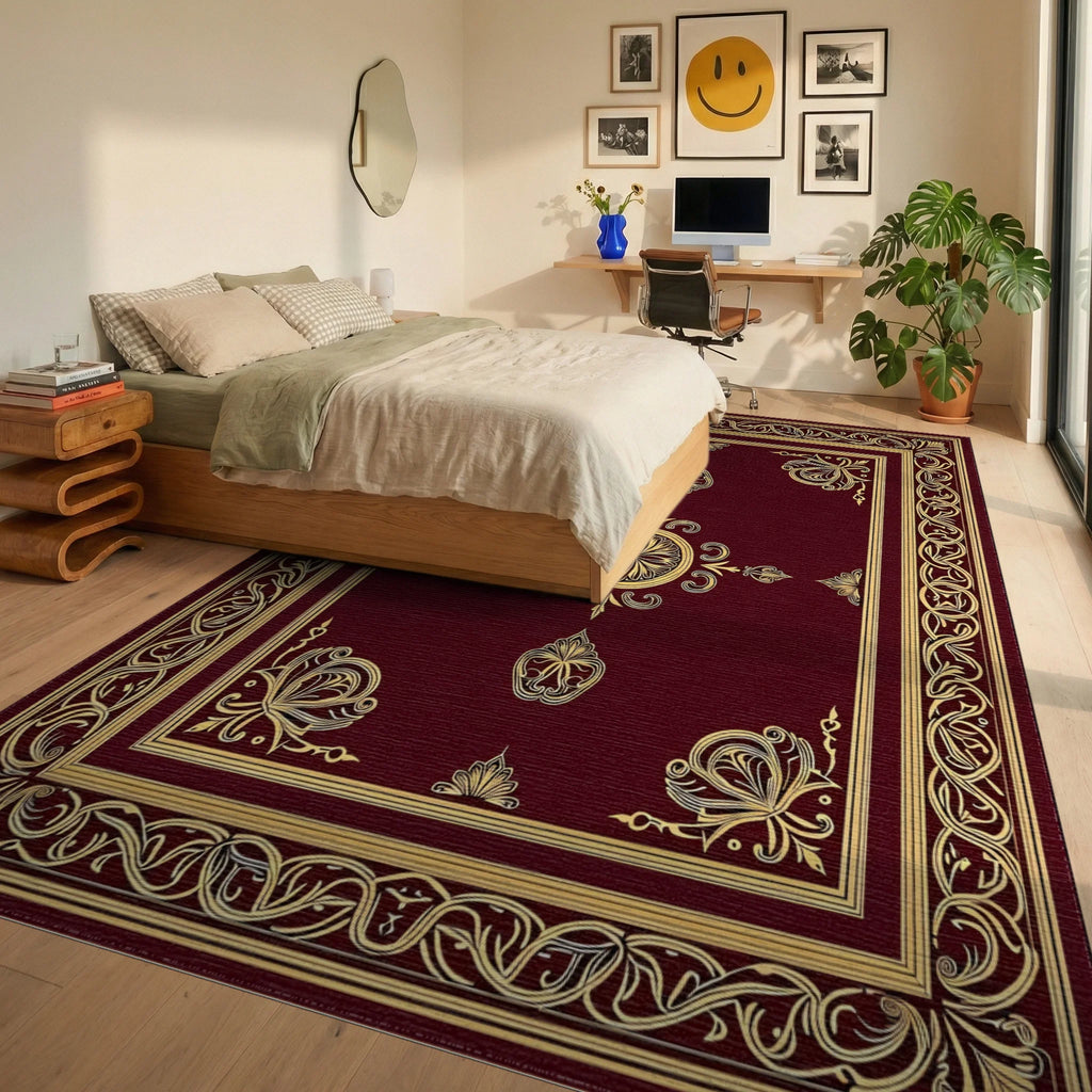 Gold Ornamental Border Burgundy Manor Rug - Bedroom View