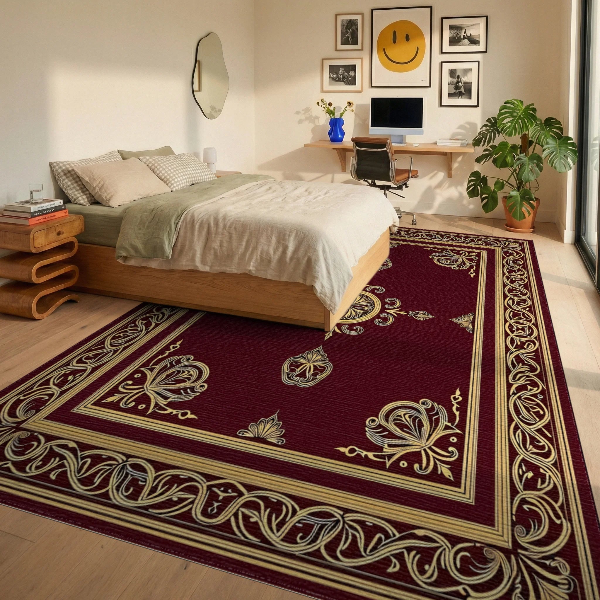 Gold Ornamental Border Burgundy Manor Rug - Bedroom View
