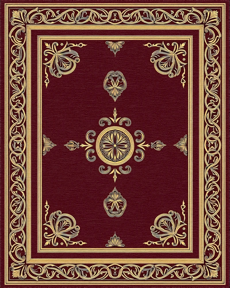 Gold Ornamental Border Burgundy Manor Rug - Cutout View