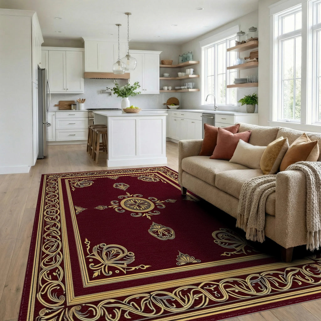 Gold Ornamental Border Burgundy Manor Rug - Living Room View