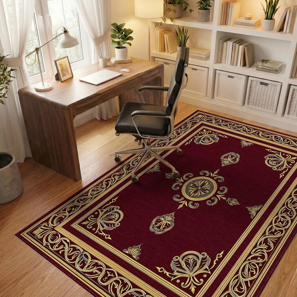 Gold Ornamental Border Burgundy Manor Rug - Office View