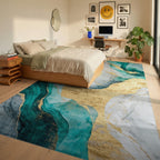 Gold Teal Flowing Marble Rug - Bedroom View