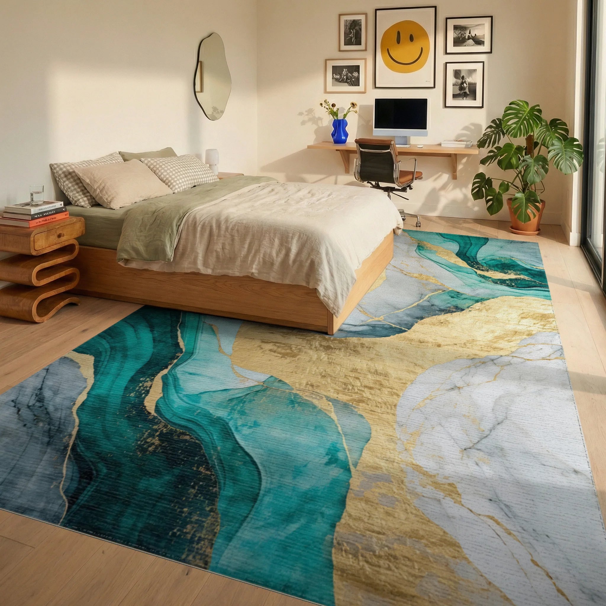 Gold Teal Flowing Marble Rug - Bedroom View