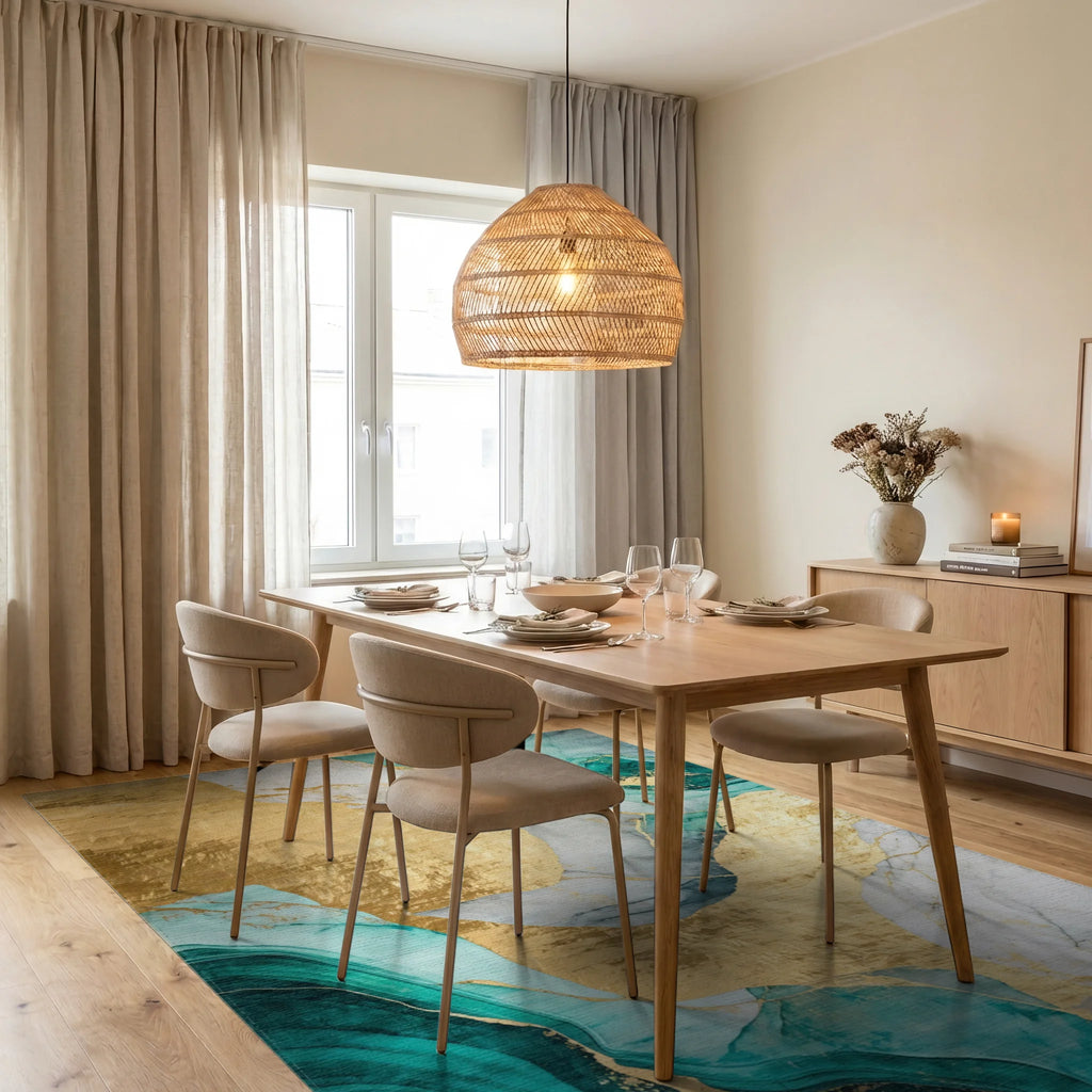 Gold Teal Flowing Marble Rug - Dining Room View