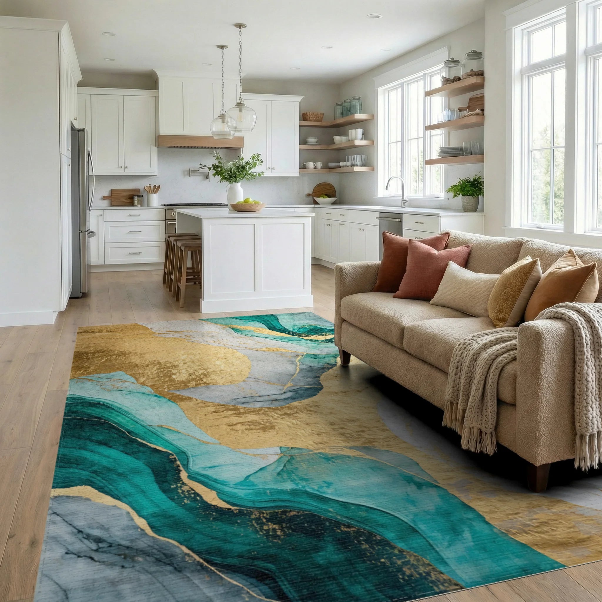 Gold Teal Flowing Marble Rug - Living Room View