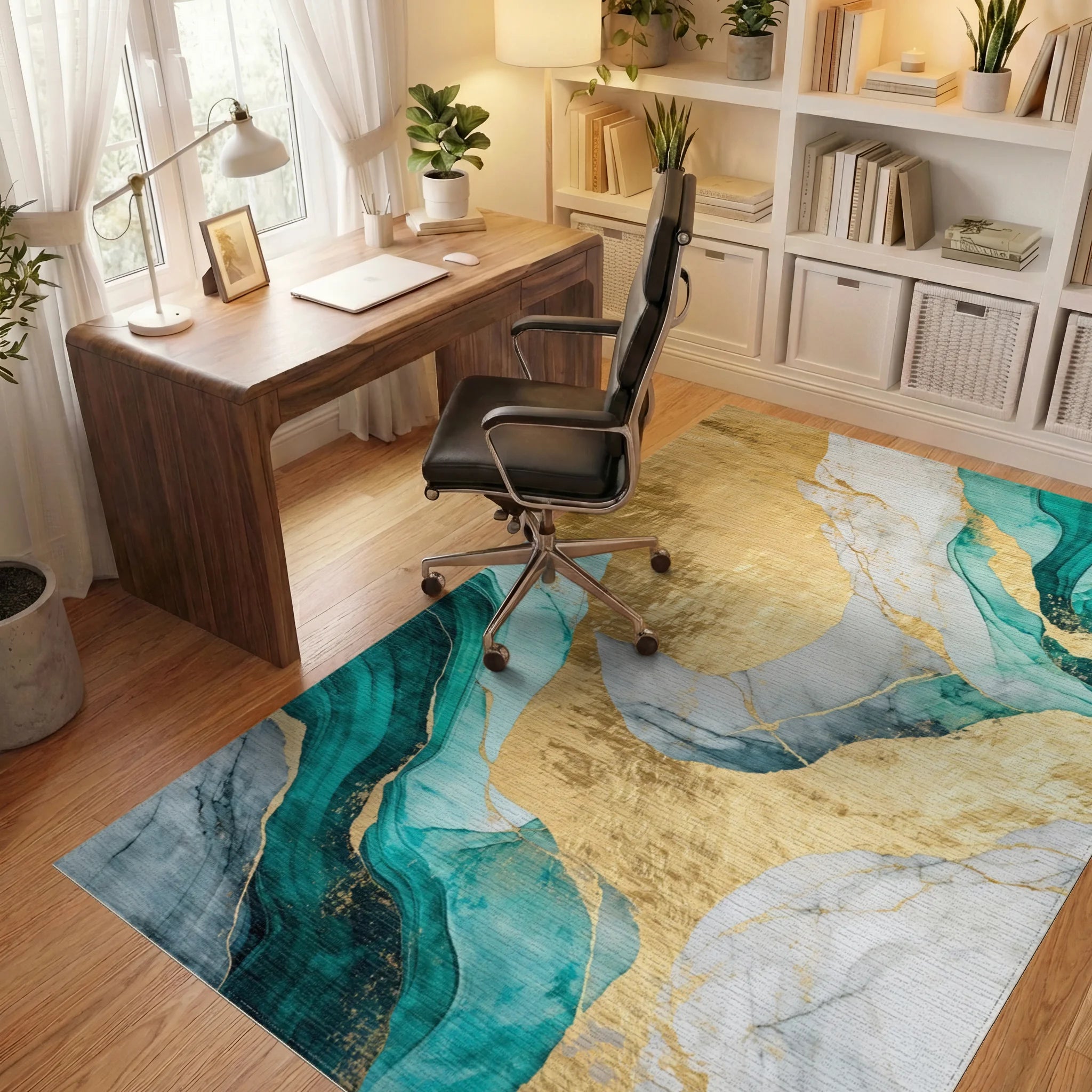 Gold Teal Flowing Marble Rug - Office View