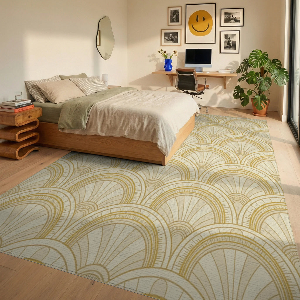 Golden Art Deco Fan Medallion Rug Bedroom View