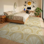 Golden Art Deco Fan Medallion Rug Bedroom View