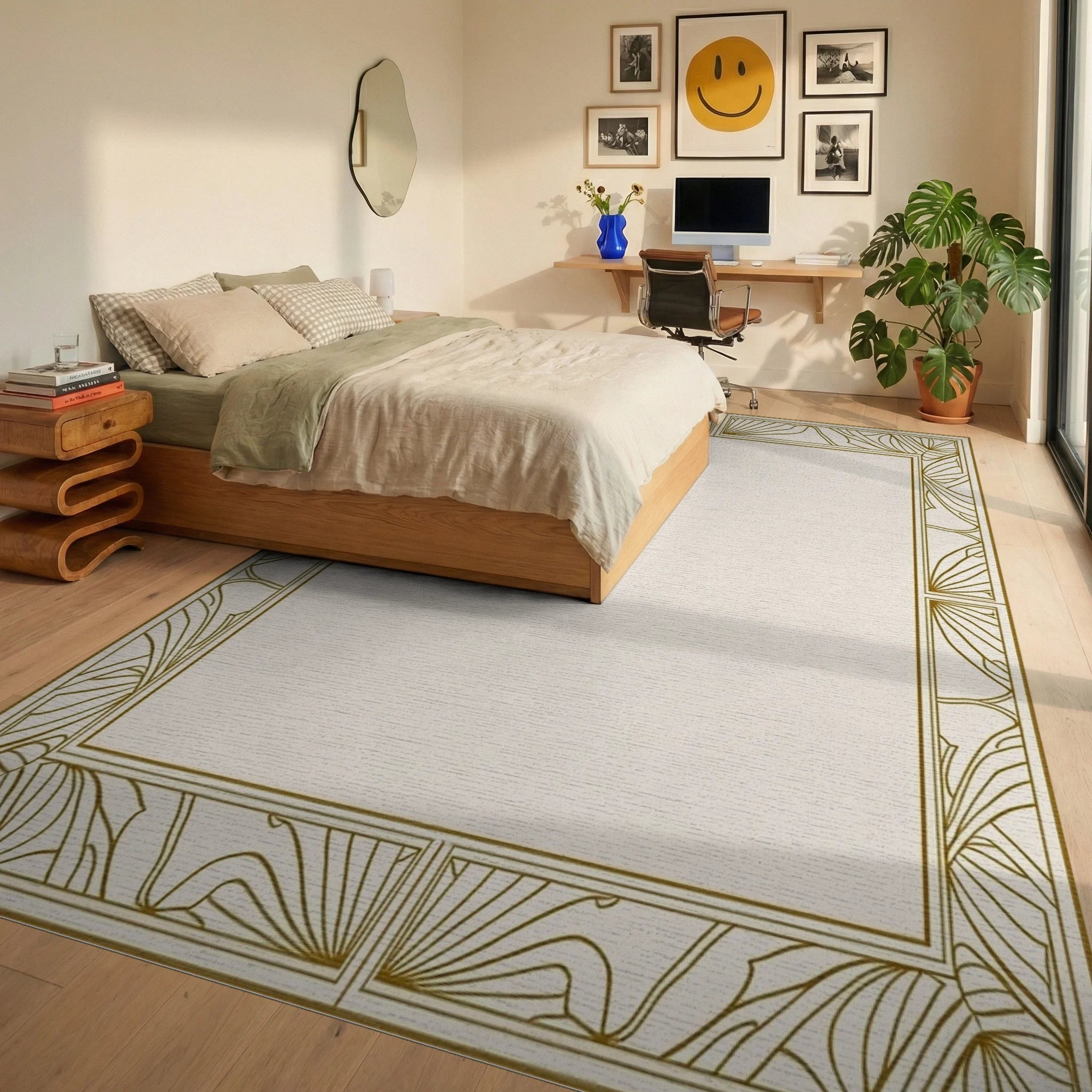 Golden Art Deco Sunburst Border Rug Bedroom View