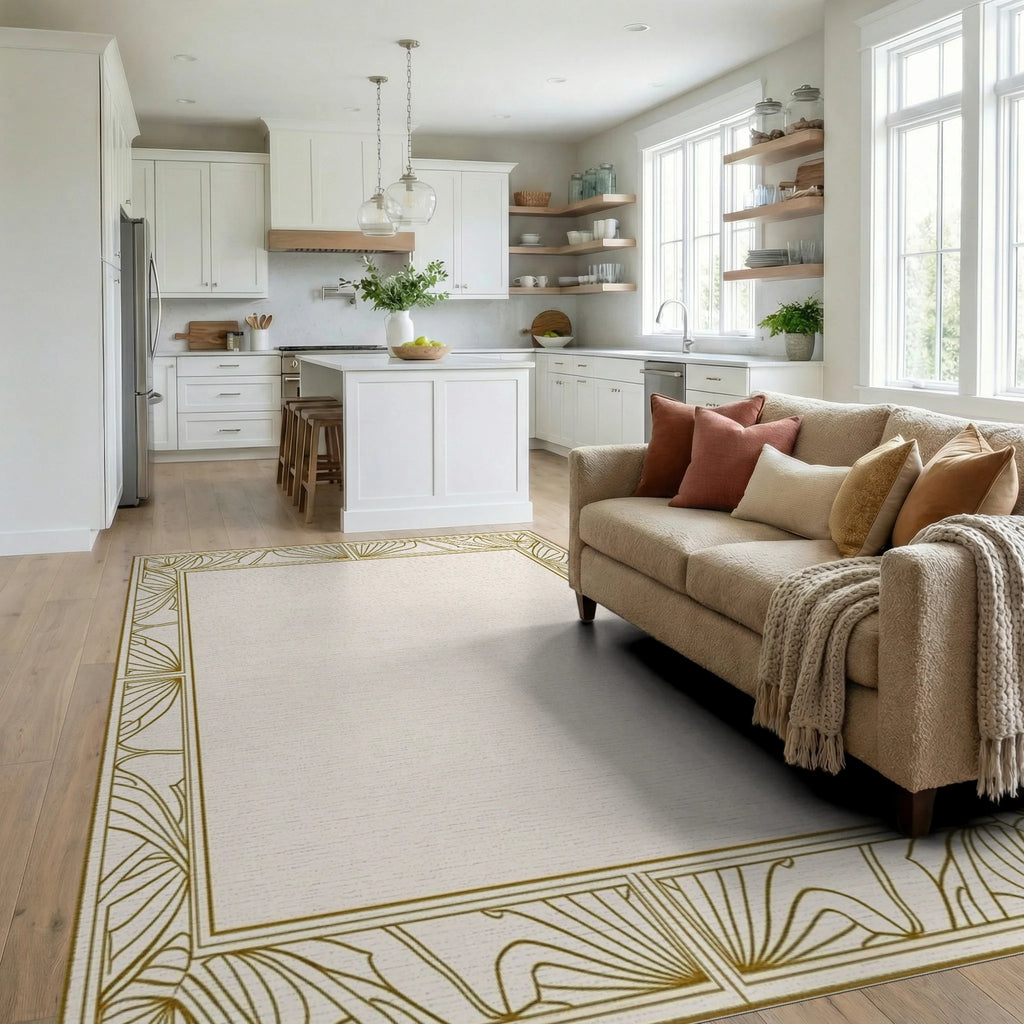 Golden Art Deco Sunburst Border Rug Living Room View