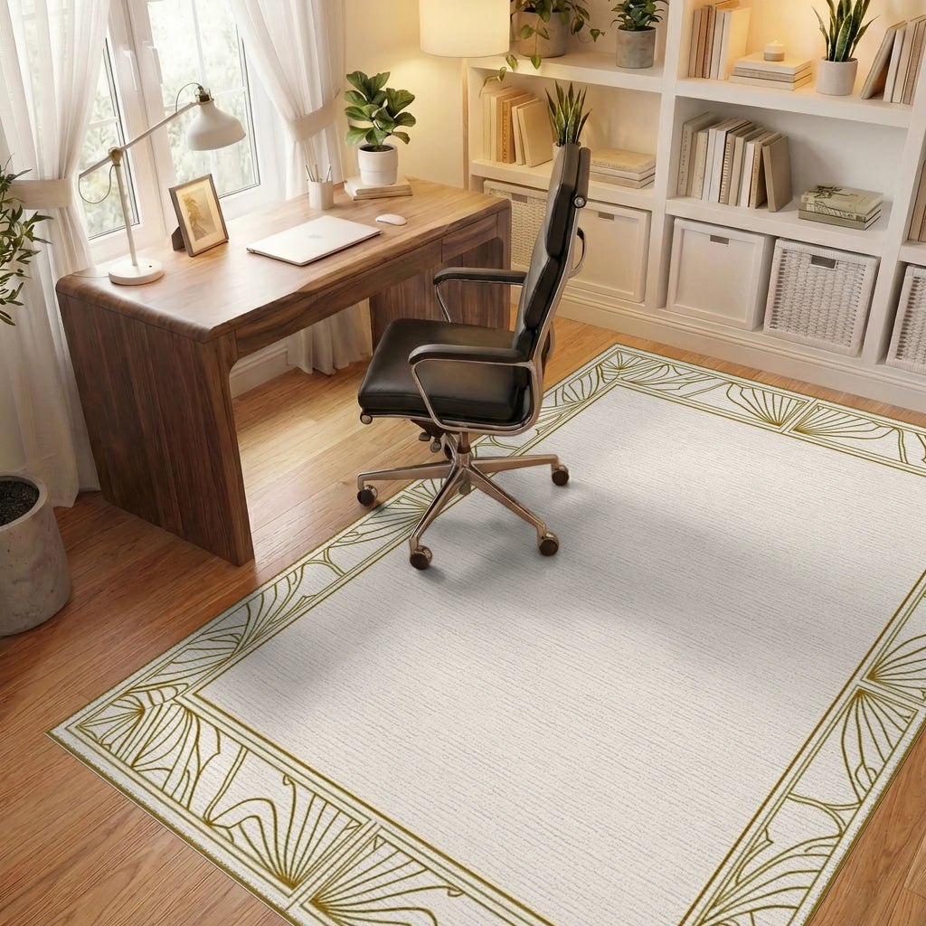 Golden Art Deco Sunburst Border Rug Office View