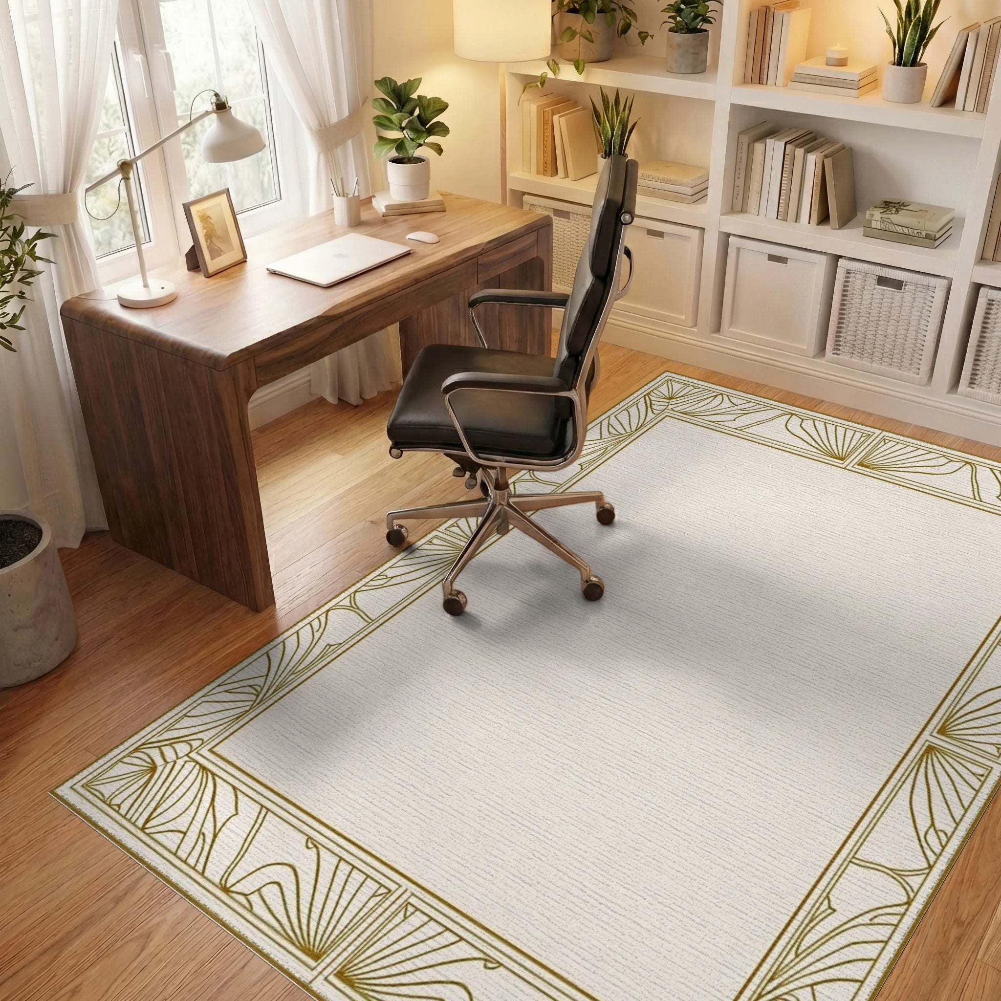 Golden Art Deco Sunburst Border Rug Office View