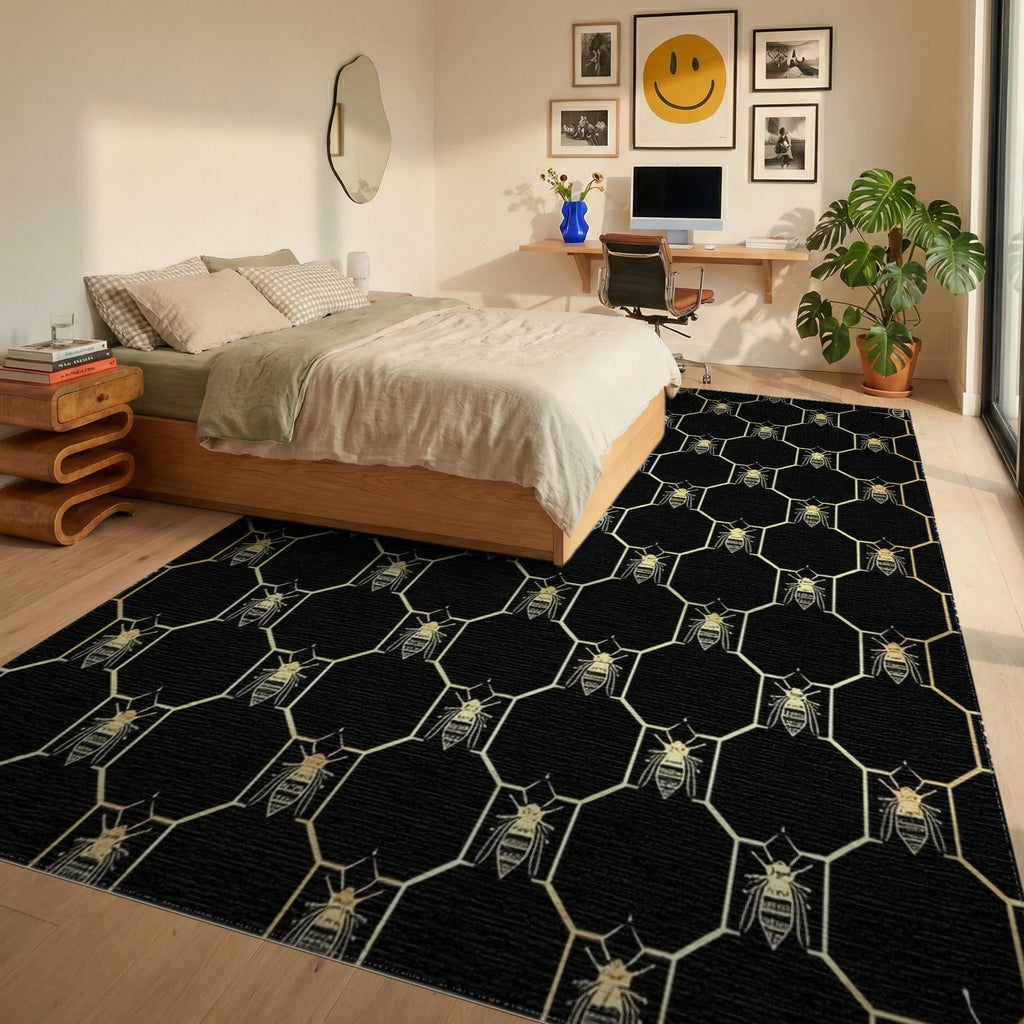 Golden Beehive Geometric Pattern Rug - Bedroom View
