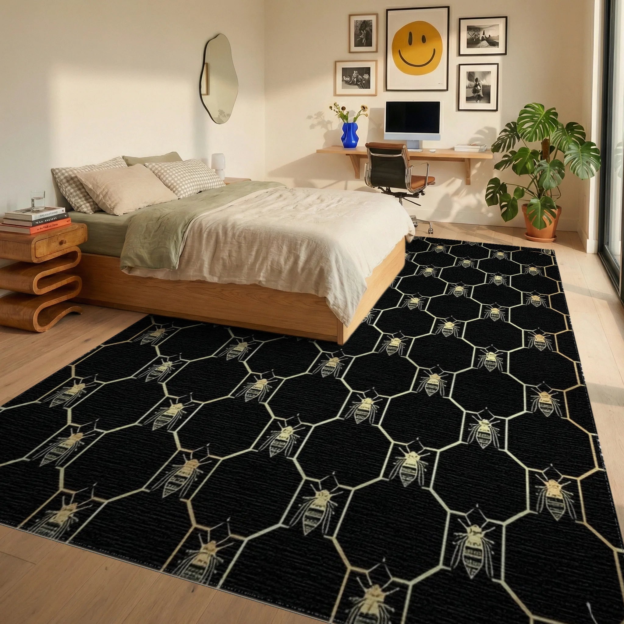 Golden Beehive Geometric Pattern Rug - Bedroom View