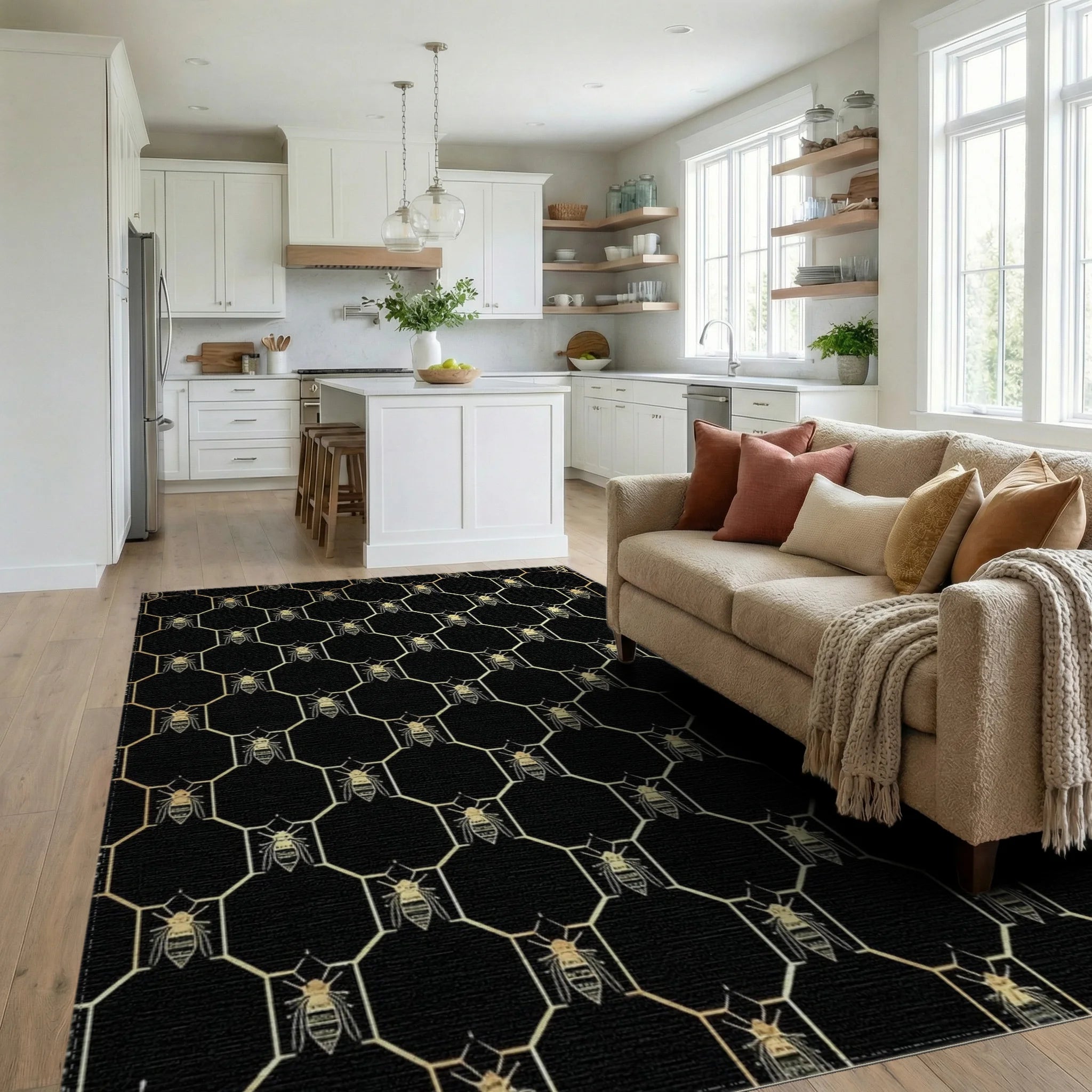 Golden Beehive Geometric Pattern Rug - Living Room View