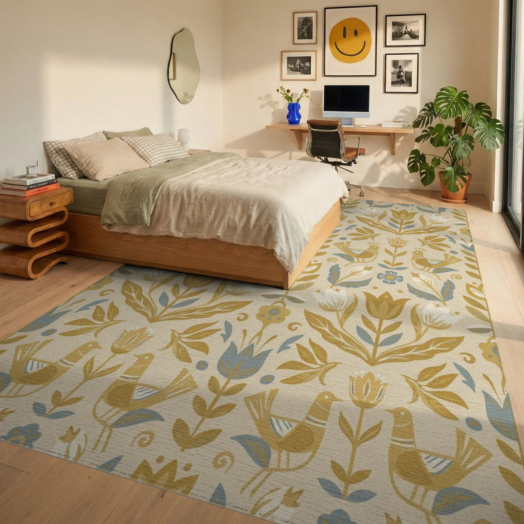 Golden Bird Floral Folk Art Rug Bedroom View