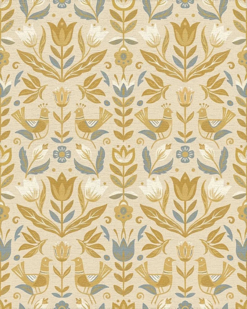 Golden Bird Floral Folk Art Rug - Cutout View
