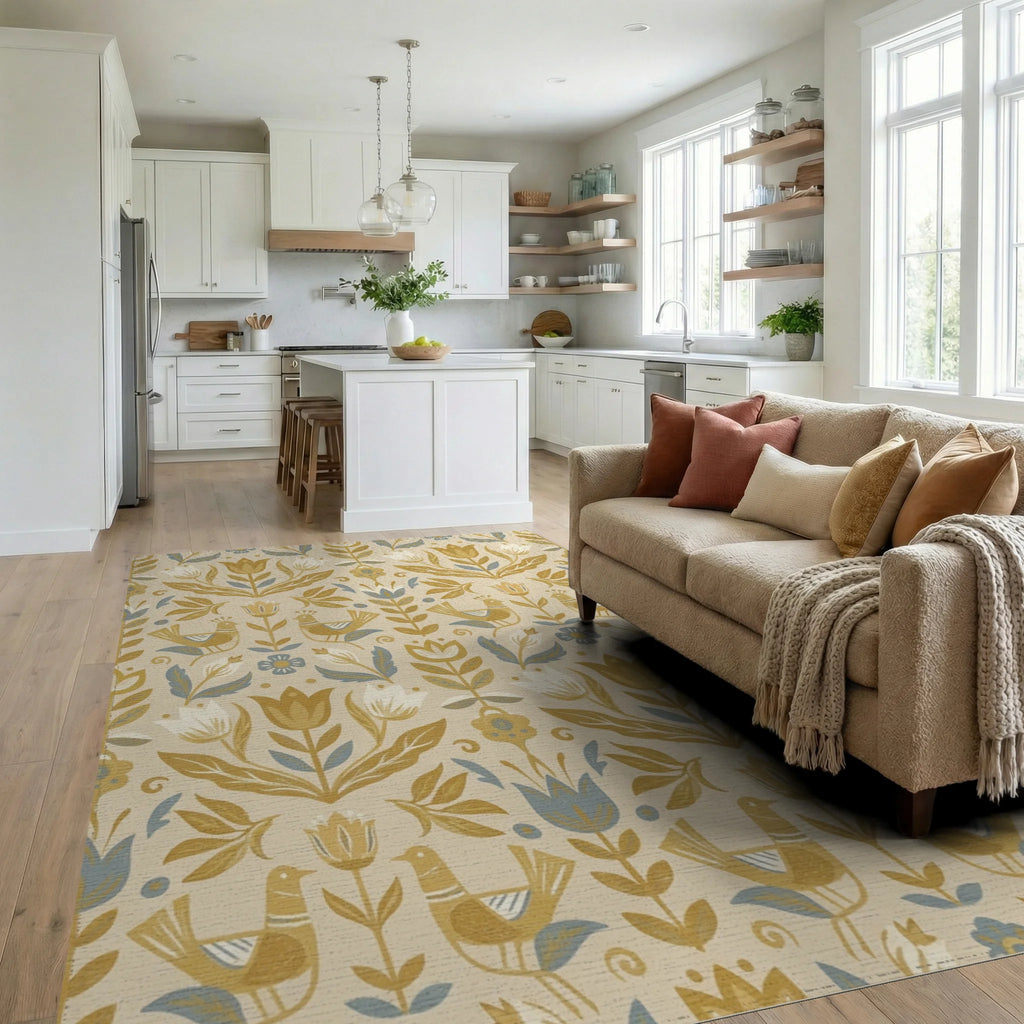 Golden Bird Floral Folk Art Rug Living Room View