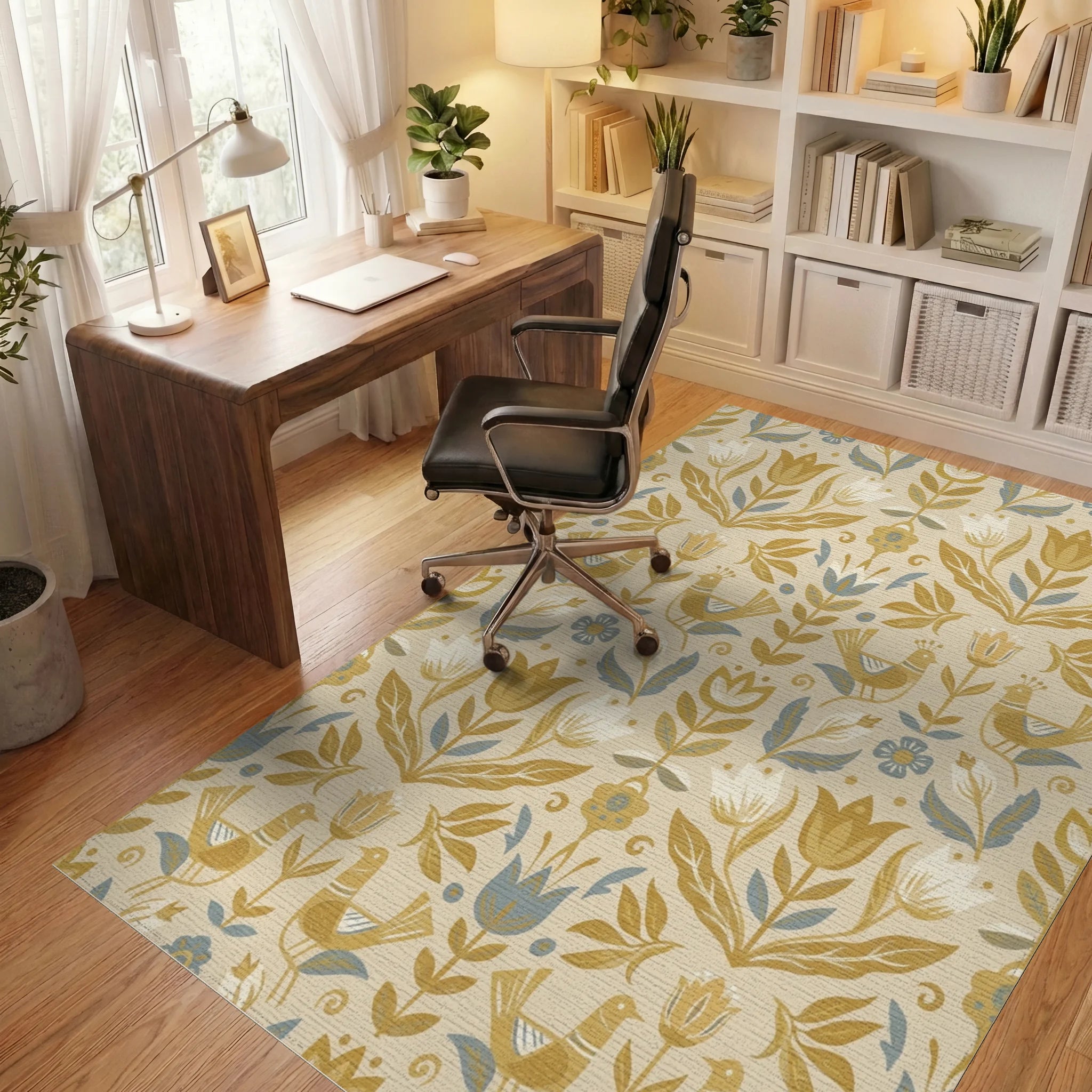 Golden Bird Floral Folk Art Rug Office View