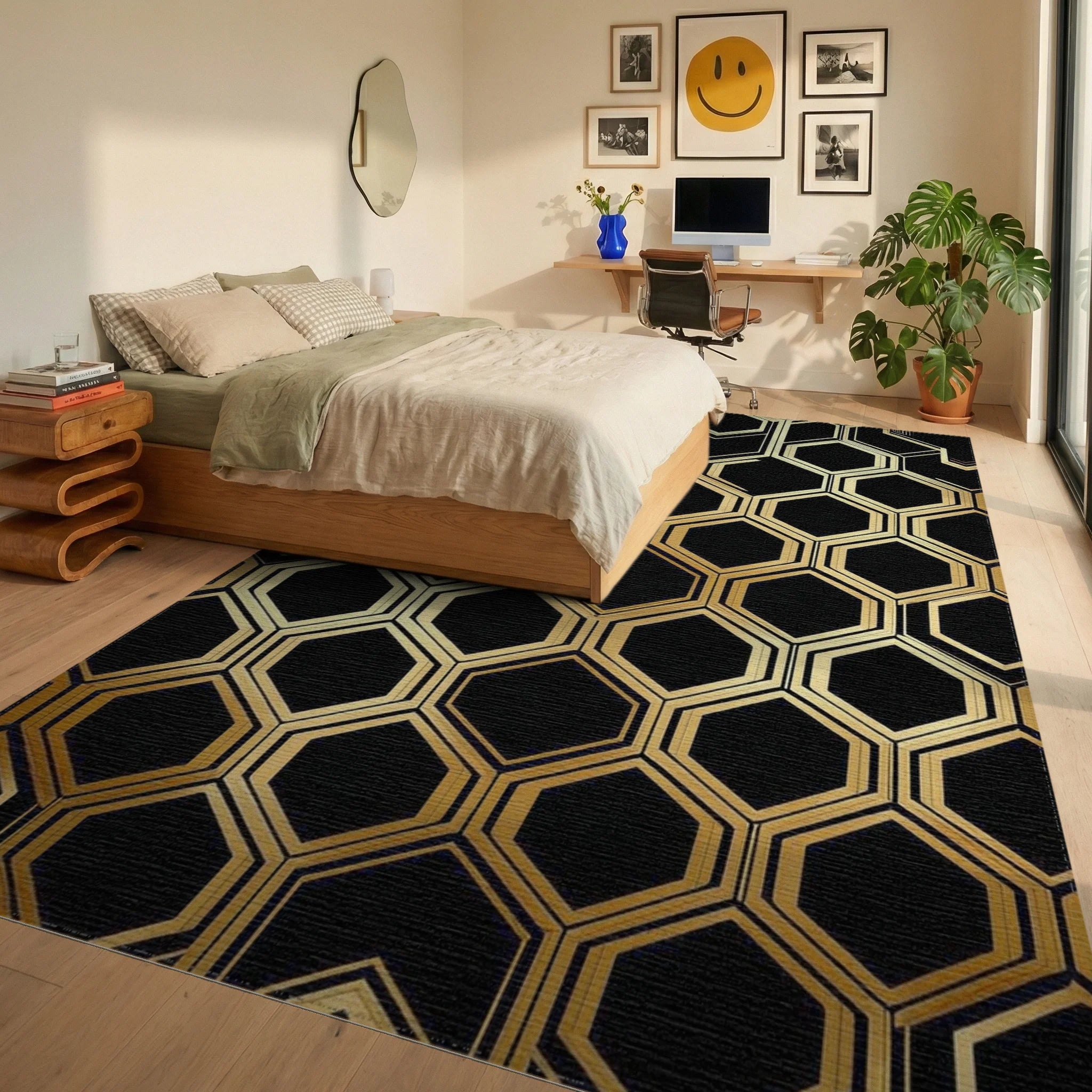 Golden Black Hexagon Tessellation Rug - Bedroom View