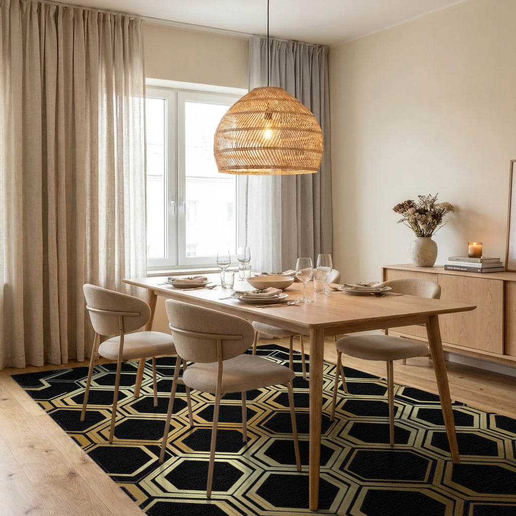 Golden Black Hexagon Tessellation Rug - Dining Room View