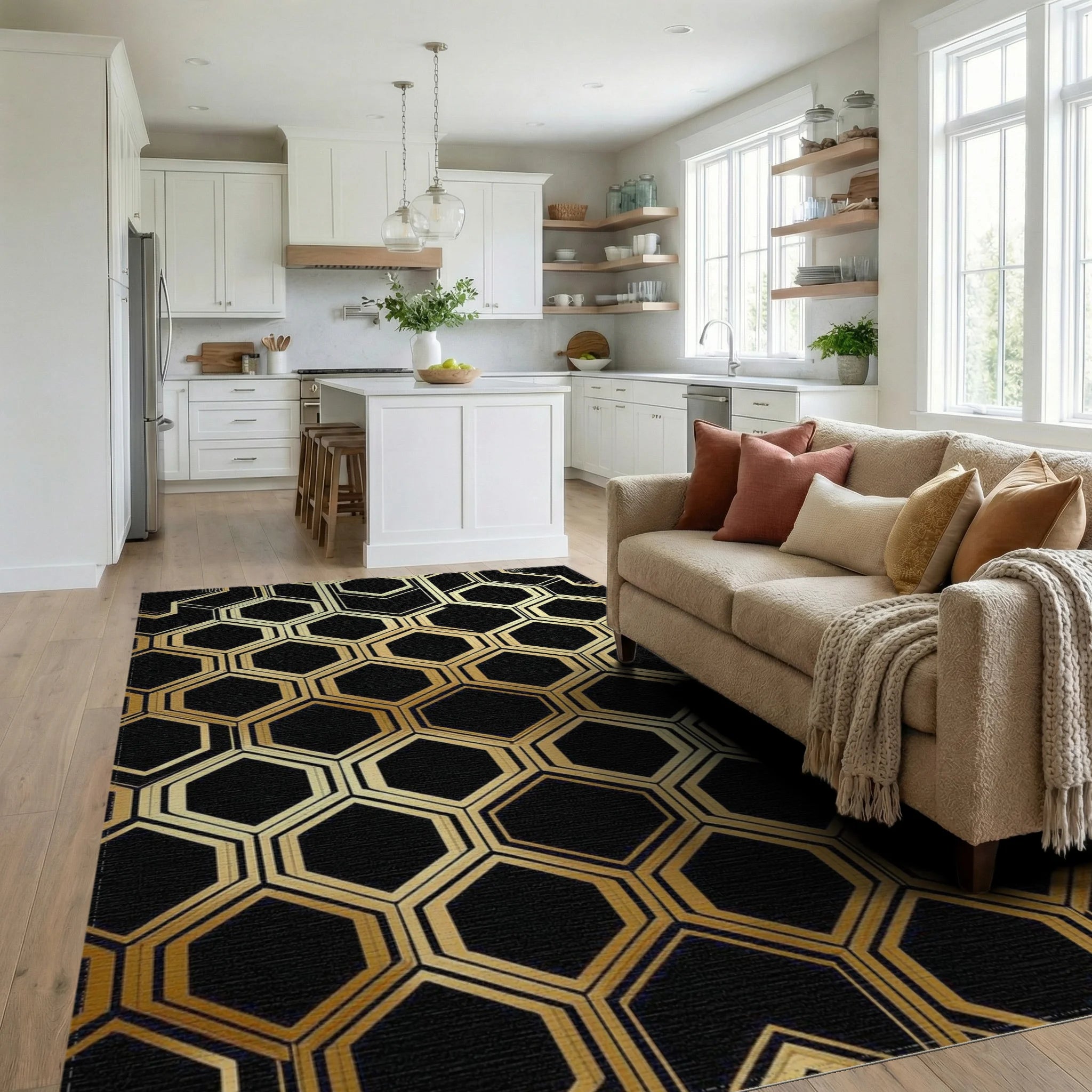 Golden Black Hexagon Tessellation Rug - Living Room View