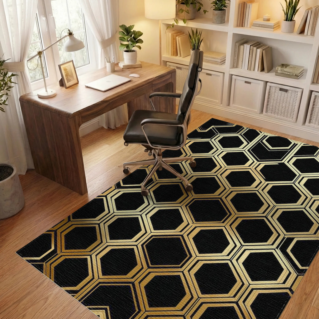 Golden Black Hexagon Tessellation Rug - Office View