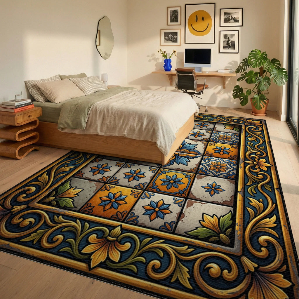Golden Blue Floral Talavera Tile Rug Bedroom View