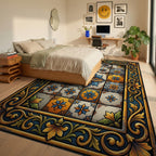 Golden Blue Floral Talavera Tile Rug Bedroom View