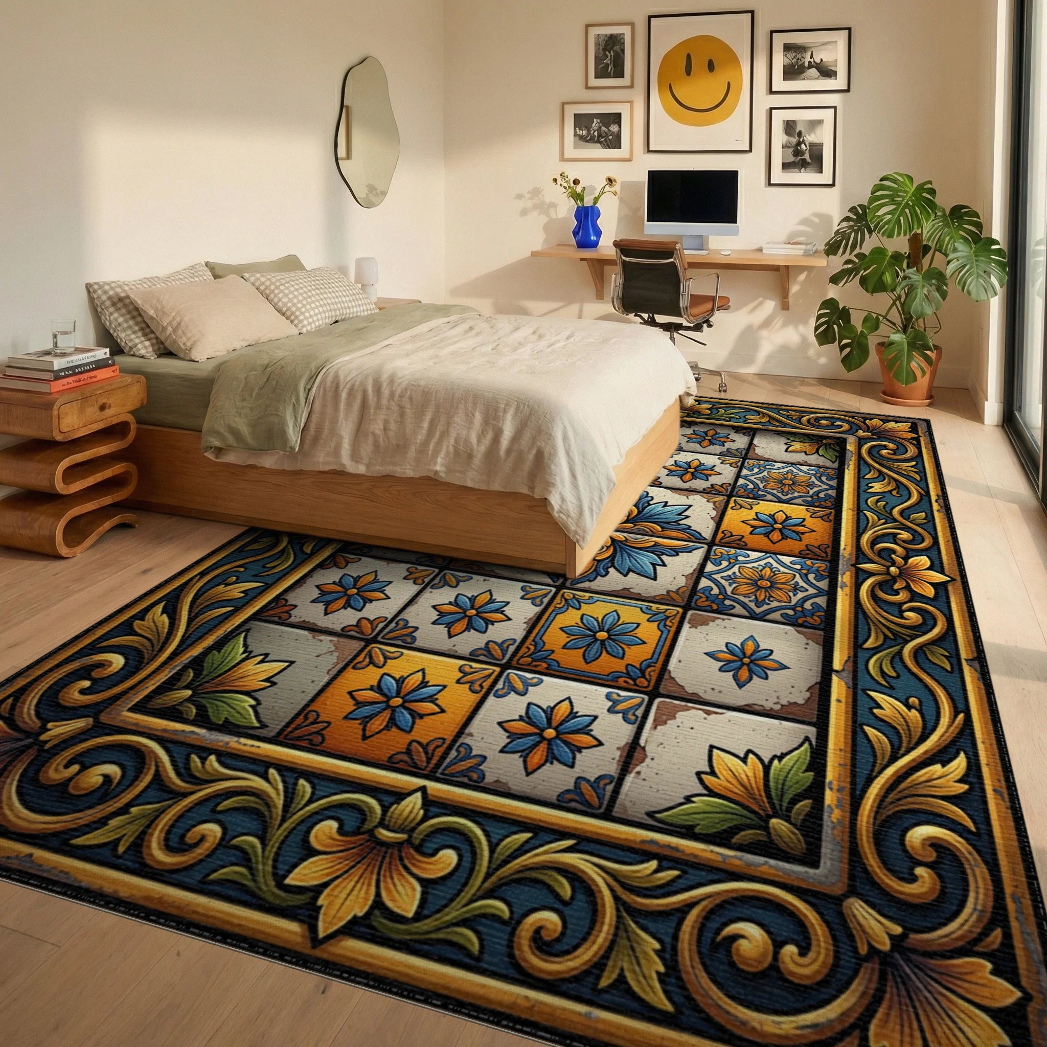 Golden Blue Floral Talavera Tile Rug Bedroom View