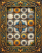 Golden Blue Floral Talavera Tile Rug - Cutout View