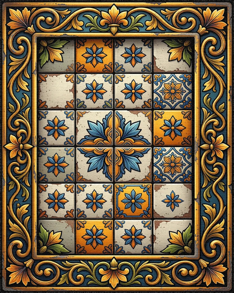 Golden Blue Floral Talavera Tile Rug - Cutout View