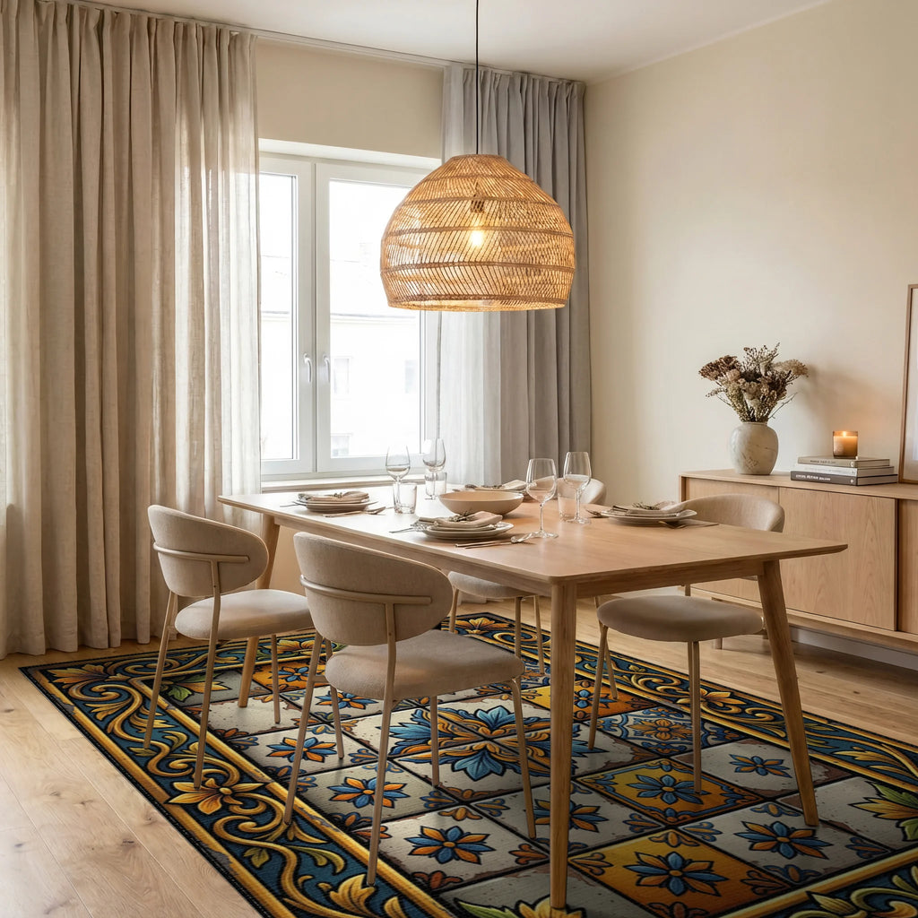 Golden Blue Floral Talavera Tile Rug Dining Room View