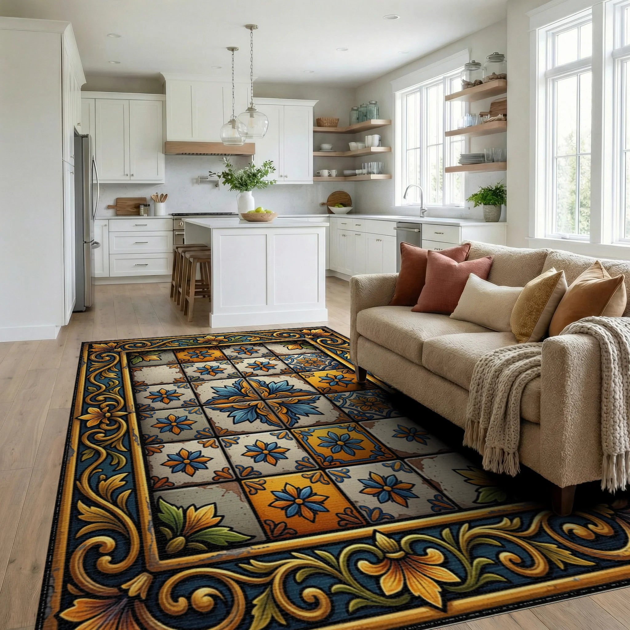 Golden Blue Floral Talavera Tile Rug Living Room View