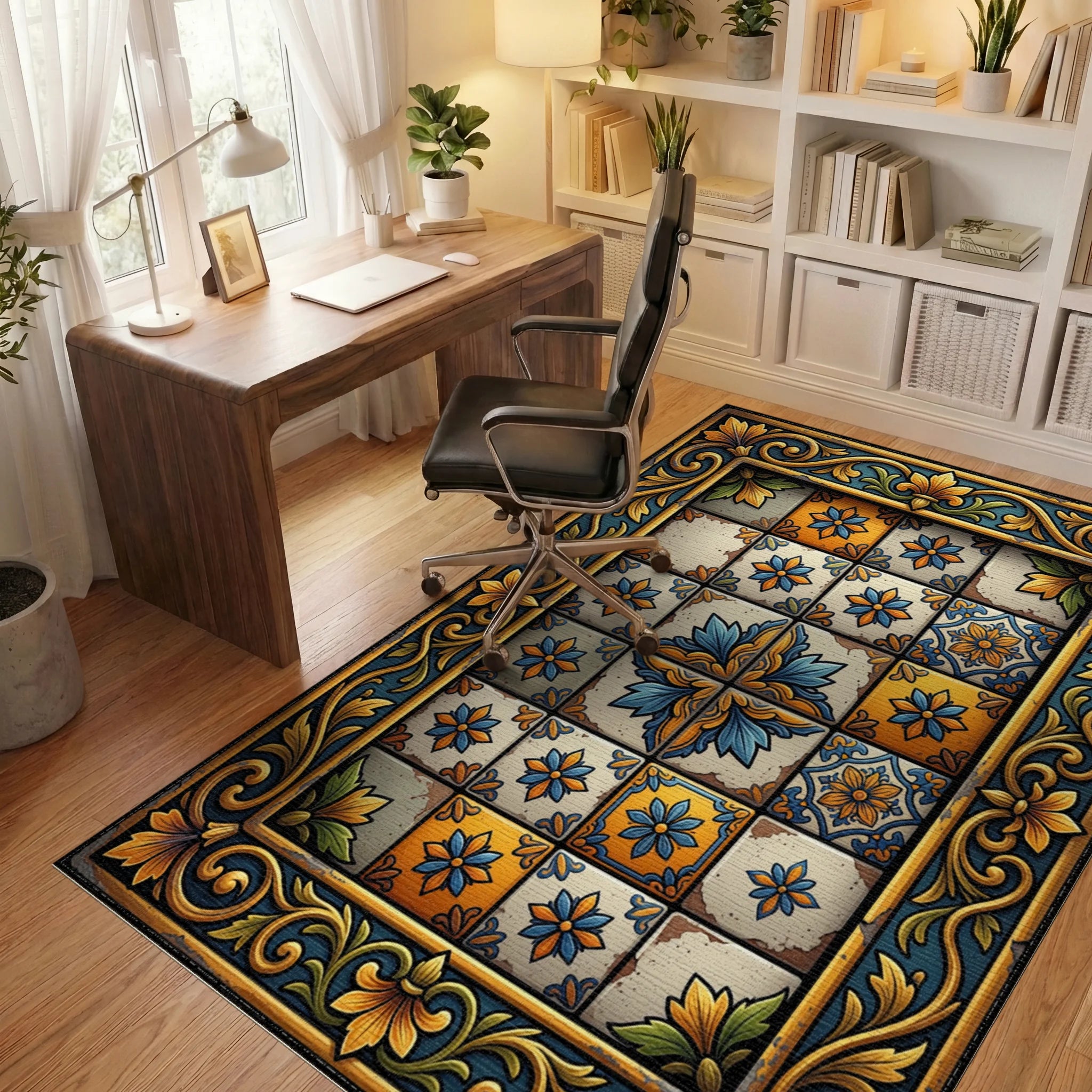 Golden Blue Floral Talavera Tile Rug Office View