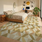 Golden Brown Geometric Triangle Cluster Rug Bedroom View