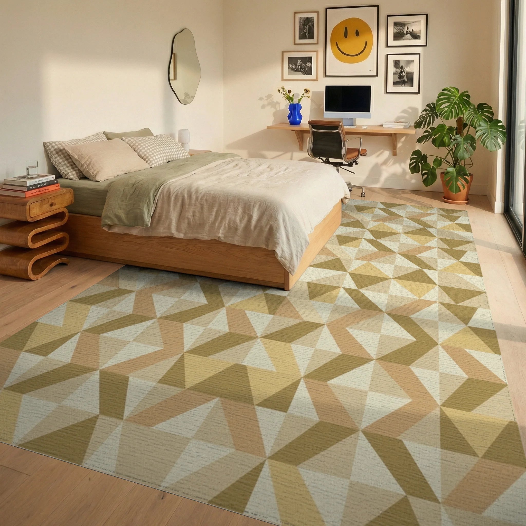 Golden Brown Geometric Triangle Cluster Rug Bedroom View