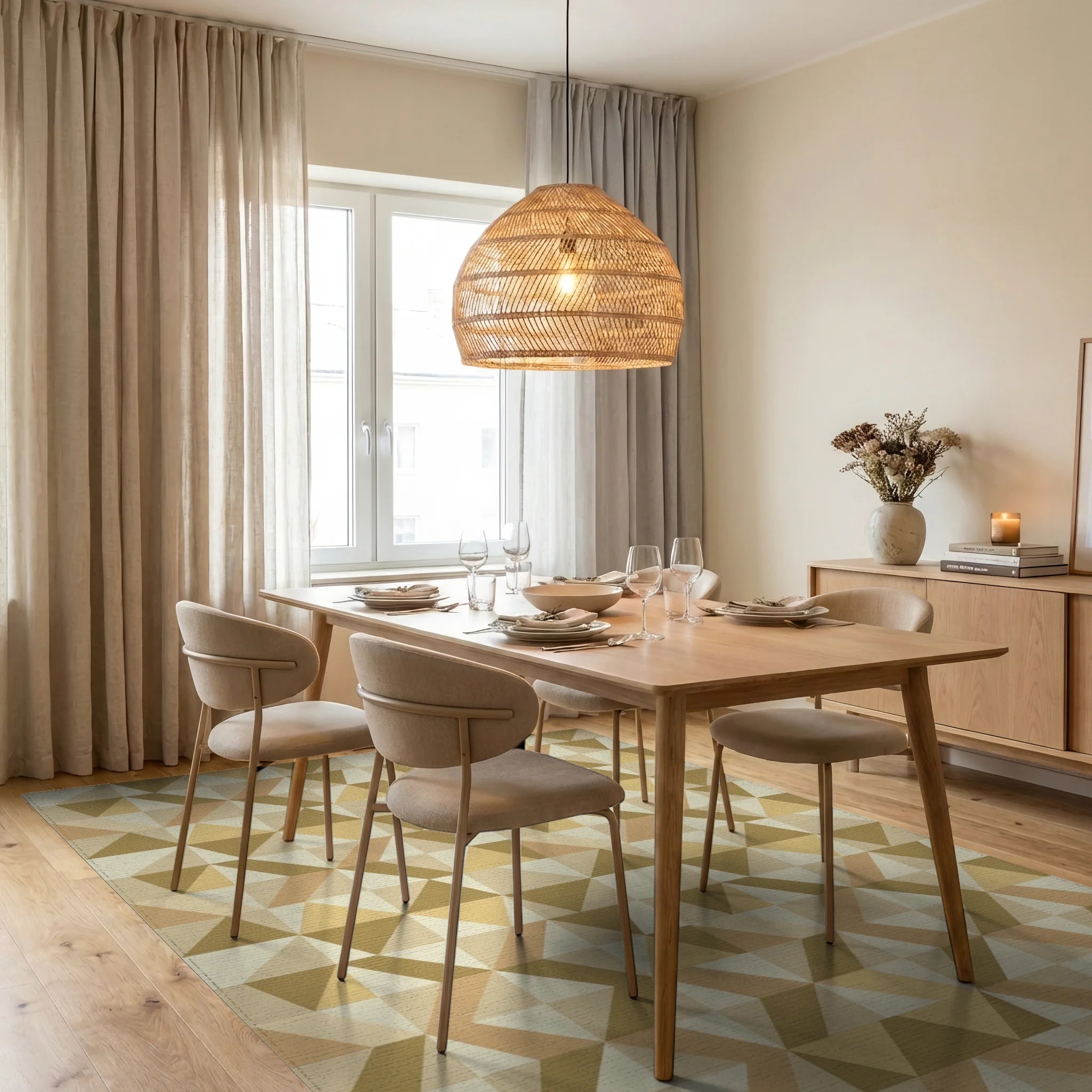 Golden Brown Geometric Triangle Cluster Rug Dining Room View