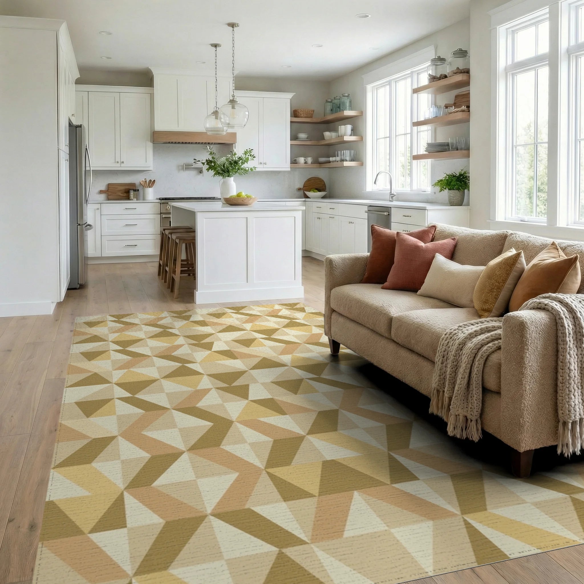 Golden Brown Geometric Triangle Cluster Rug Living Room View