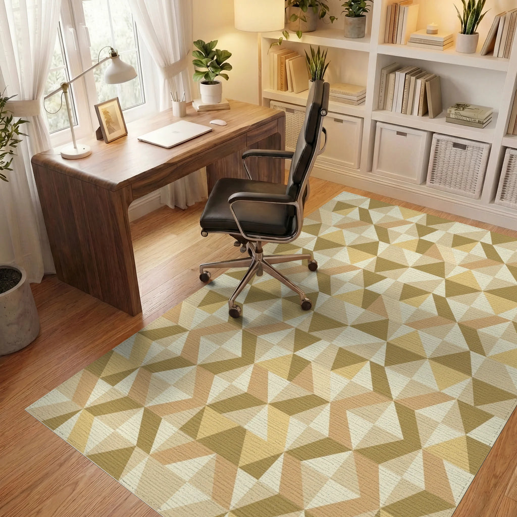 Golden Brown Geometric Triangle Cluster Rug Office View