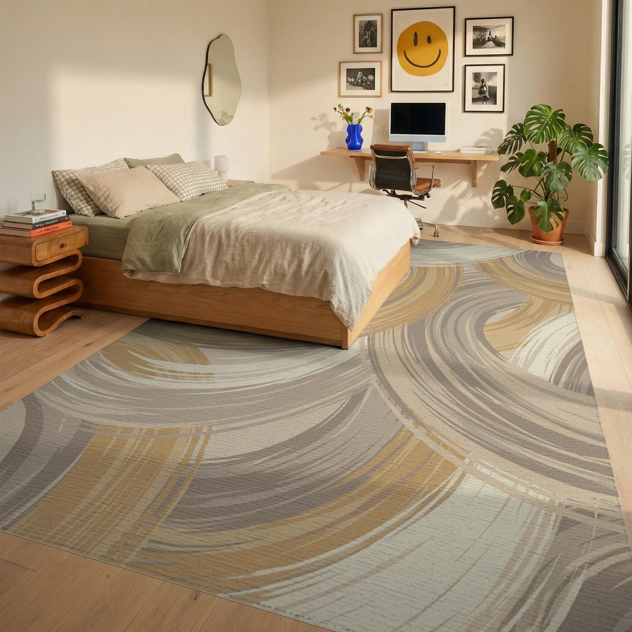 Golden Brown Swirl Abstract Ring Rug Bedroom View